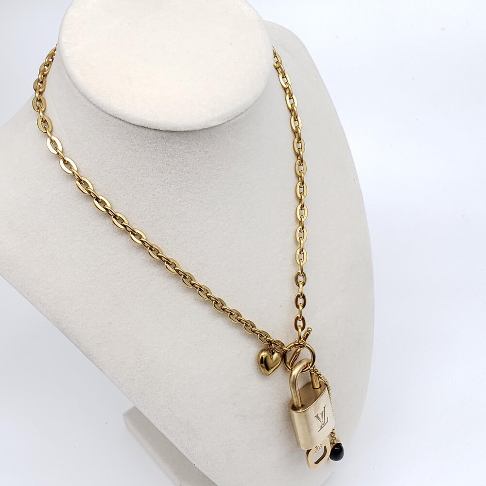 Authentic Louis Vuitton Gold Padlock with Unbranded Stainless Steel Chain